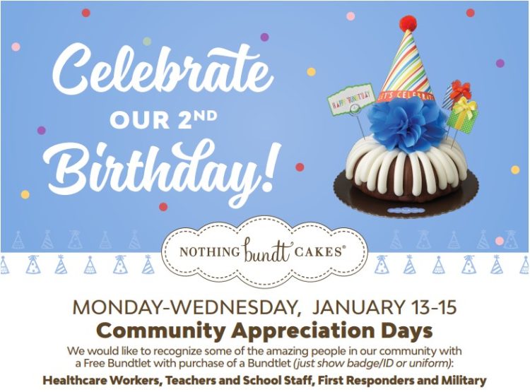 Celebrate our 2nd Birthday! Monday - Wednesday, Jan. 13-15. Community appreciation days for healthcare workers, teachers and school staff, first responders & military.